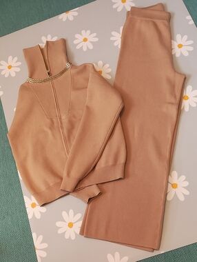 Rachel Zoe beautifully constructed tan two piece outfit